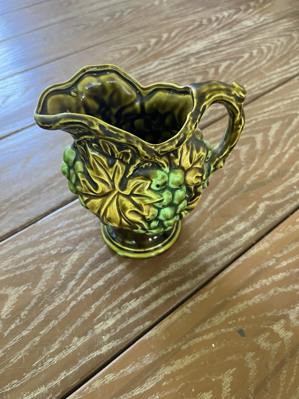 Vintage Rossini Japan Majolica Grape Pitcher Green Brown Glaze Ceramic 6"
